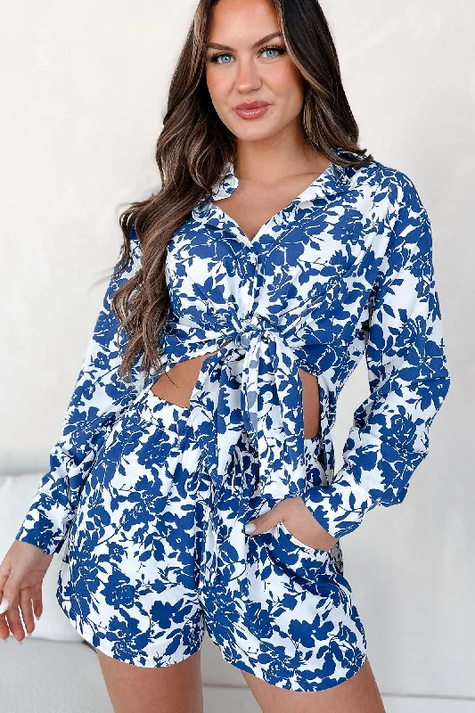 Blooming With Bliss Floral Button-Down Shirt & Shorts Set (Blue)