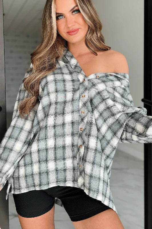 Cover Your Tracks Oversized Plaid Button-Down Shirt (Ivory/Grey)