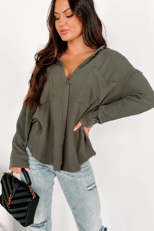 Simplistic Charm Oversized Cotton Gauze Shirt (Olive)