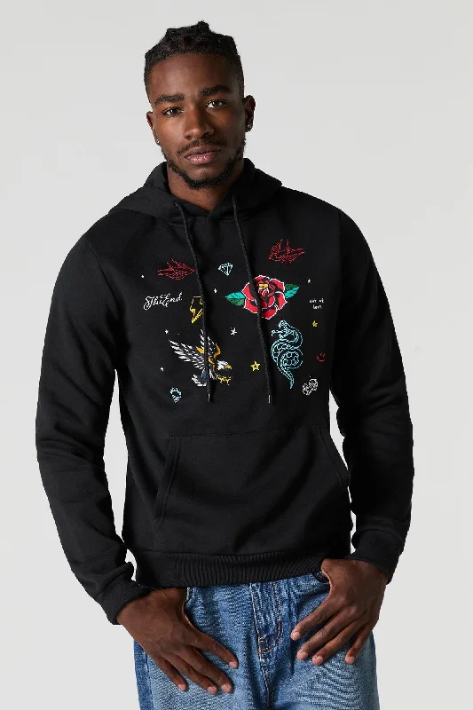 Traditional Tattoo Embroidered Fleece Hoodie