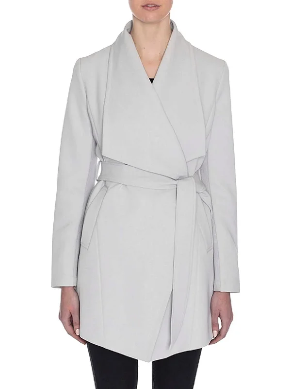 Abbey Belted Draped Collar Trench Wrap Coat in Silver Gray