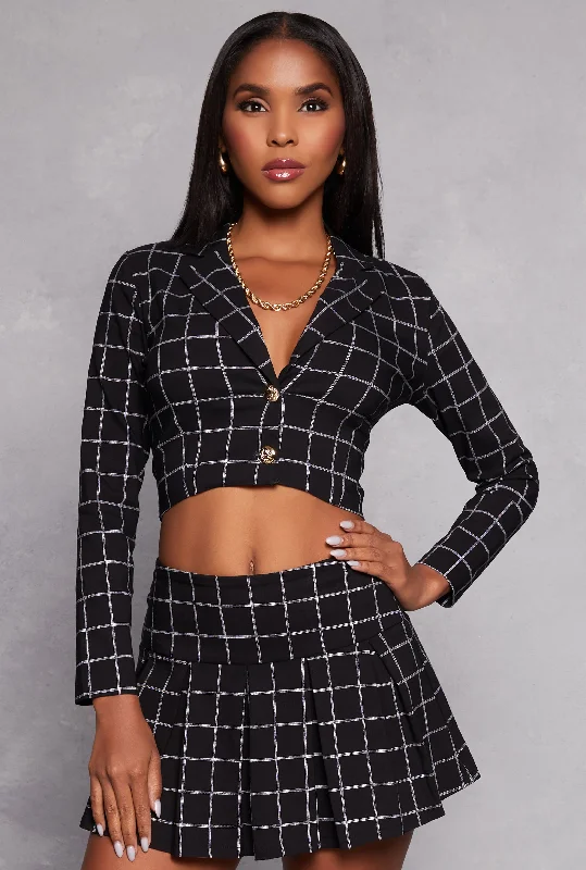 Plaid Button Front Cropped Blazer