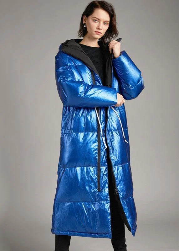 Boho Blue hooded Pockets long Winter Duck Down down coat