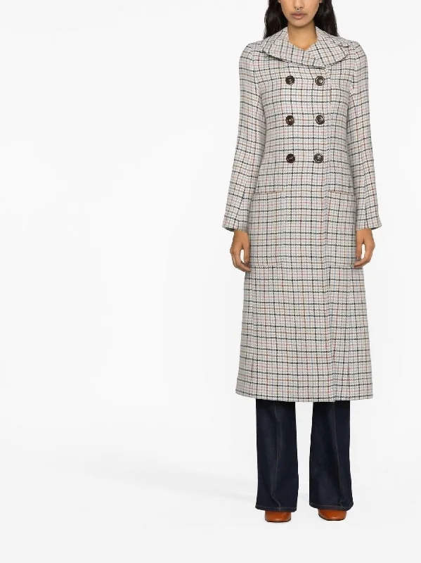 Double Breasted Long Wool Coat in Milk Plaid