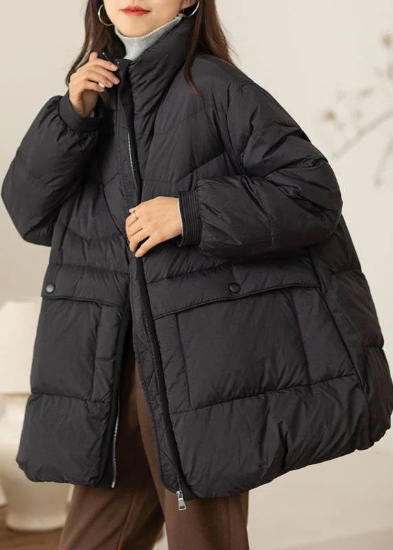 Fine Black Stand Collar Oversized Pockets Duck Down Down Coat Winter