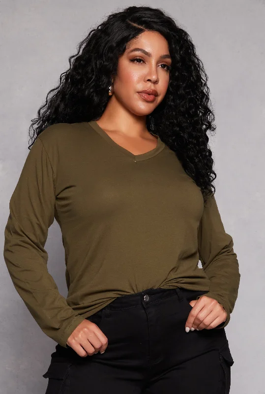 Plus Size Long Sleeve V Neck T Shirt