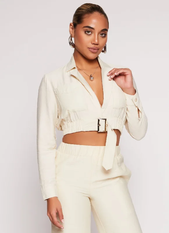 Linen Buckle Detail Cropped Blazer