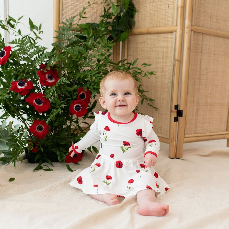 Long Sleeve Twirl Bodysuit Dress in Cloud Poppies