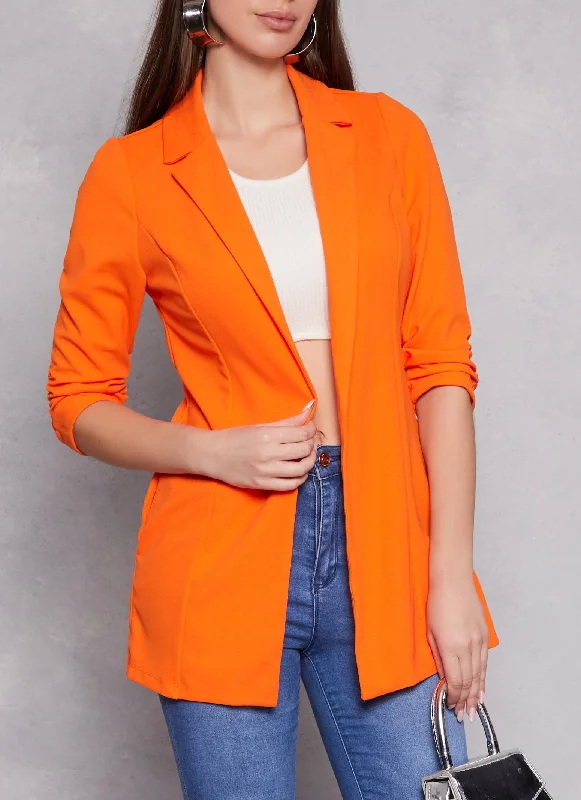 Solid Open Front Ruched Sleeve Blazer