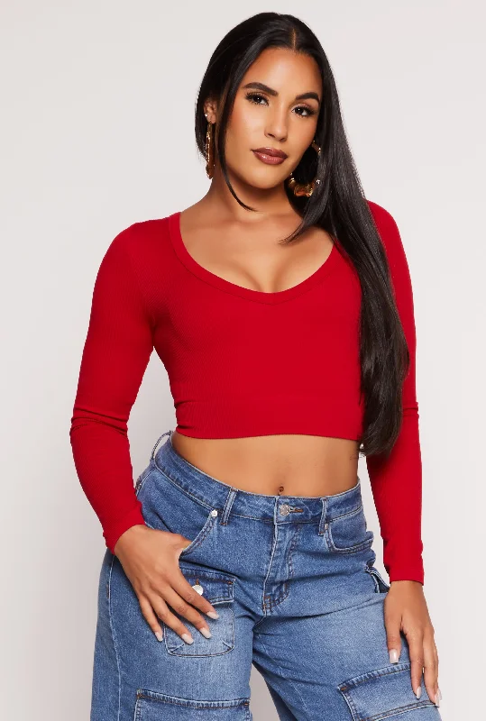 Seamless Ribbed Knit Long Sleeve Crop Top