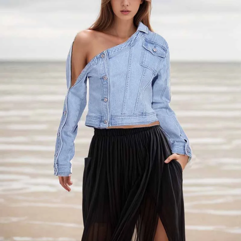 Retro off-the-shoulder blue denim jacket Top Jean Coat