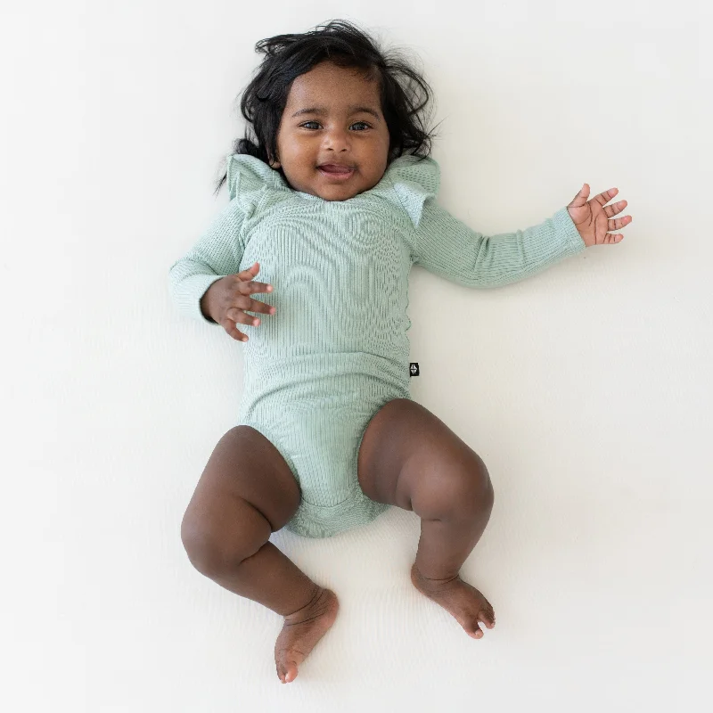 Ribbed Long Sleeve Ruffle Leotard in Sage