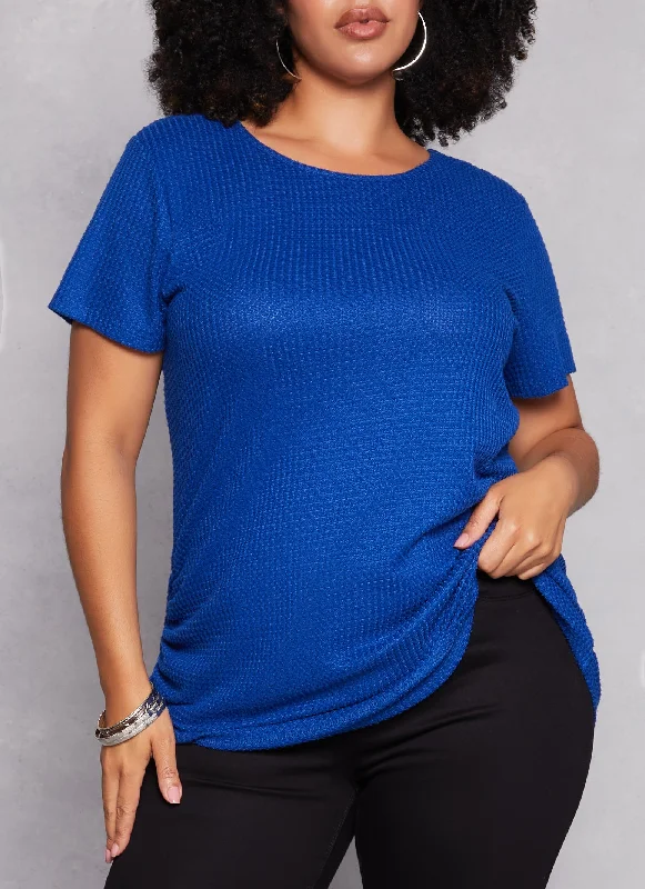 Plus Size Waffle Knit Crew Neck Ruched Tee