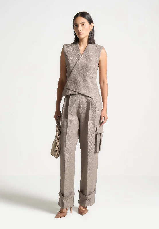 Textured Tailored Wrap Waistcoat - Taupe