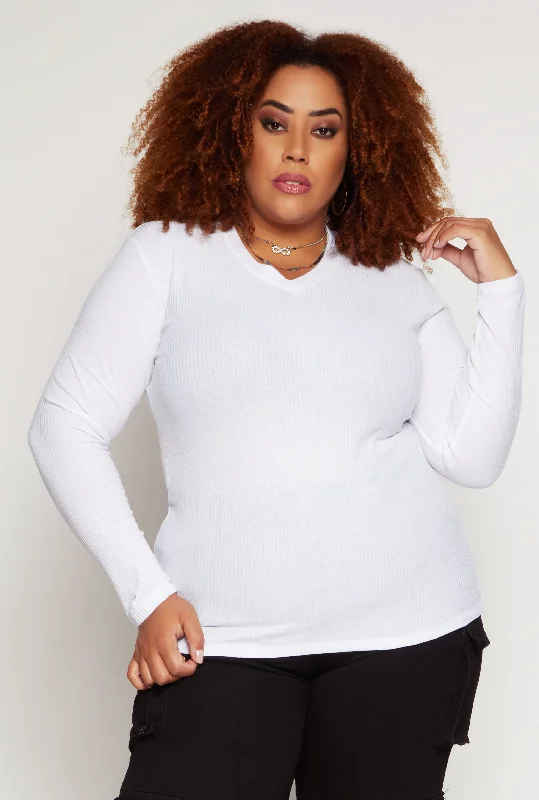 Plus Size Rib Knit V Neck Long Sleeve Top