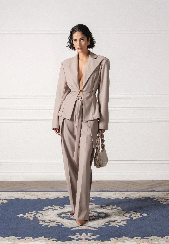 Wide Shoulder Tailored Blazer with Twin Belt - Taupe