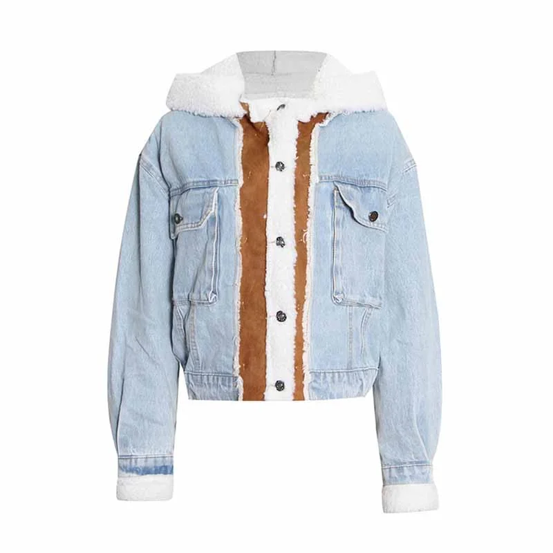 Women Denim Blue Lambswool Single Breasted Short Jacket