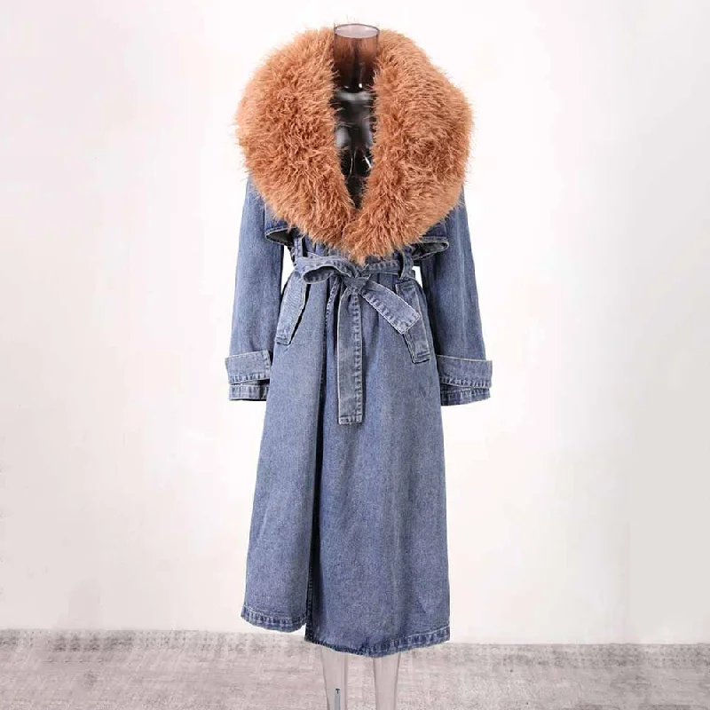 Women Denim Blue Coat With Removable Faux Fur Collar Long Length Coat Lace-Up Jacket