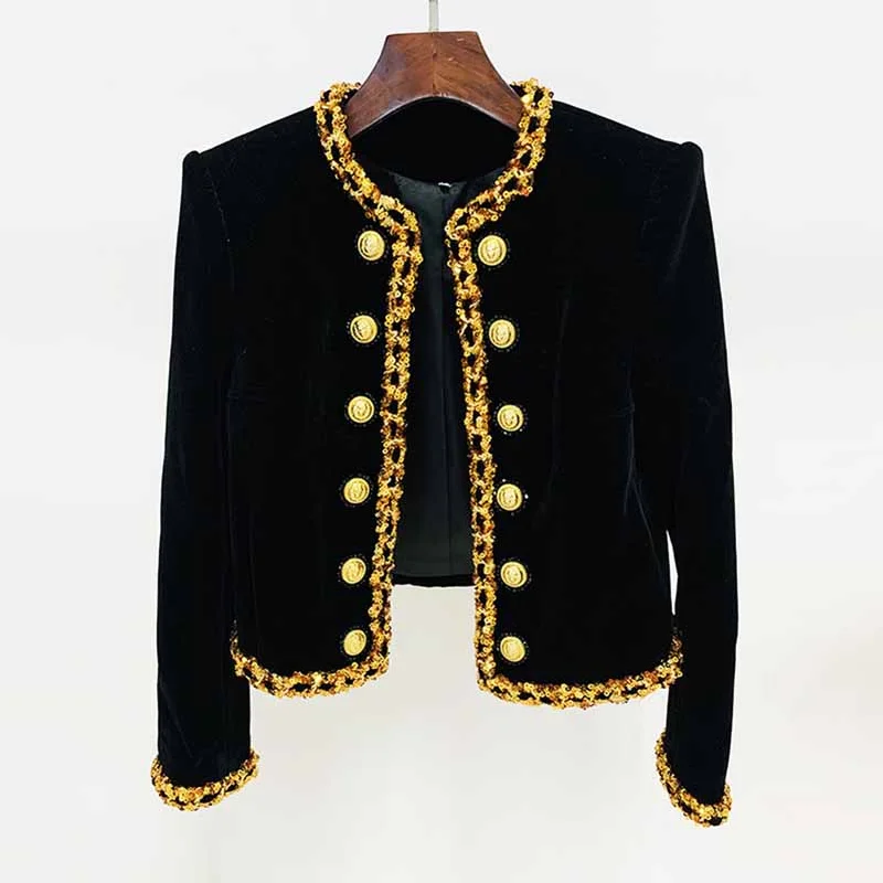 Women's Black Cardigan Coat Beaded Sequin Chain Velvet Jacket Short Coat