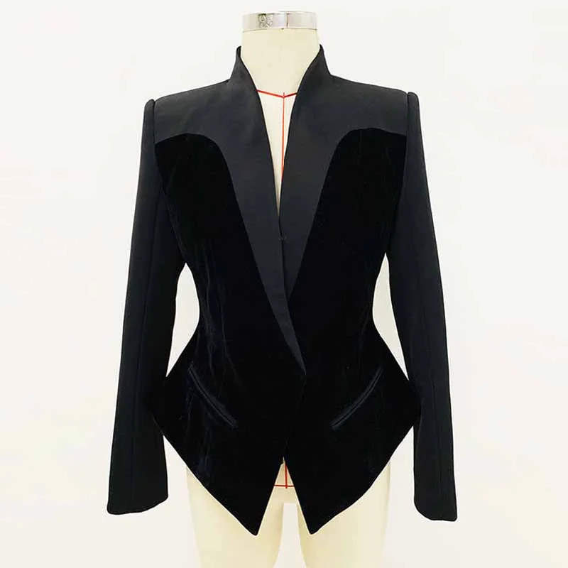 Women's black silhouette Jacket velvet patchwork V-Neck Slim Fitted Blazer