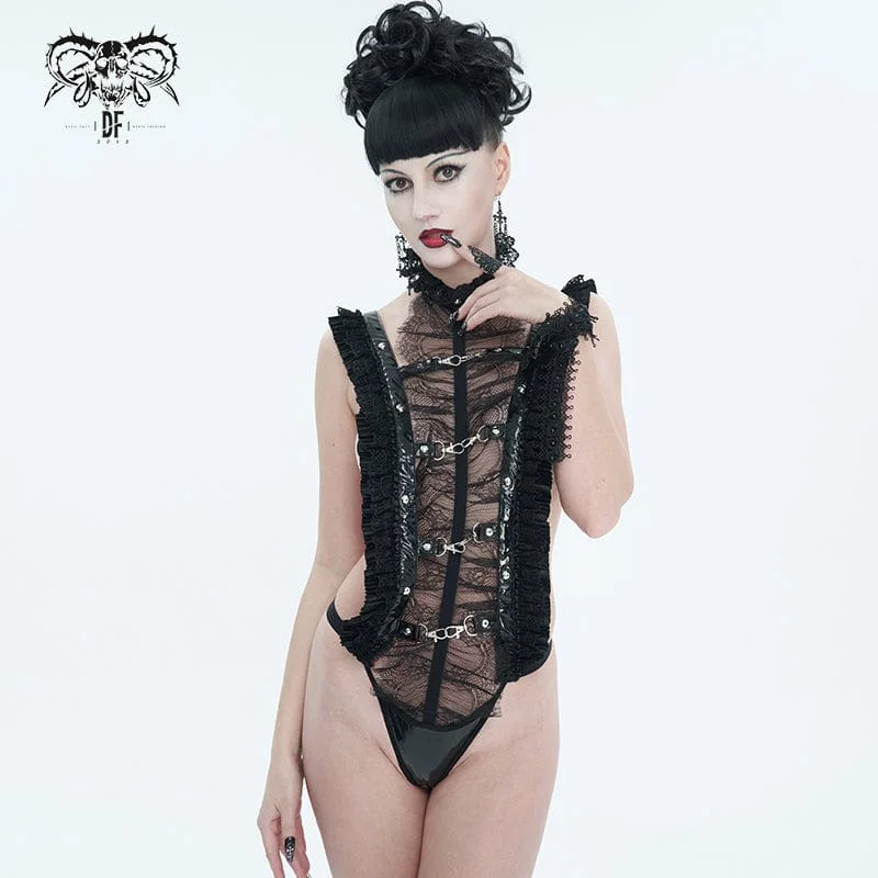 Women's Gothic Ruffled Lace Lingerie Bodysuit