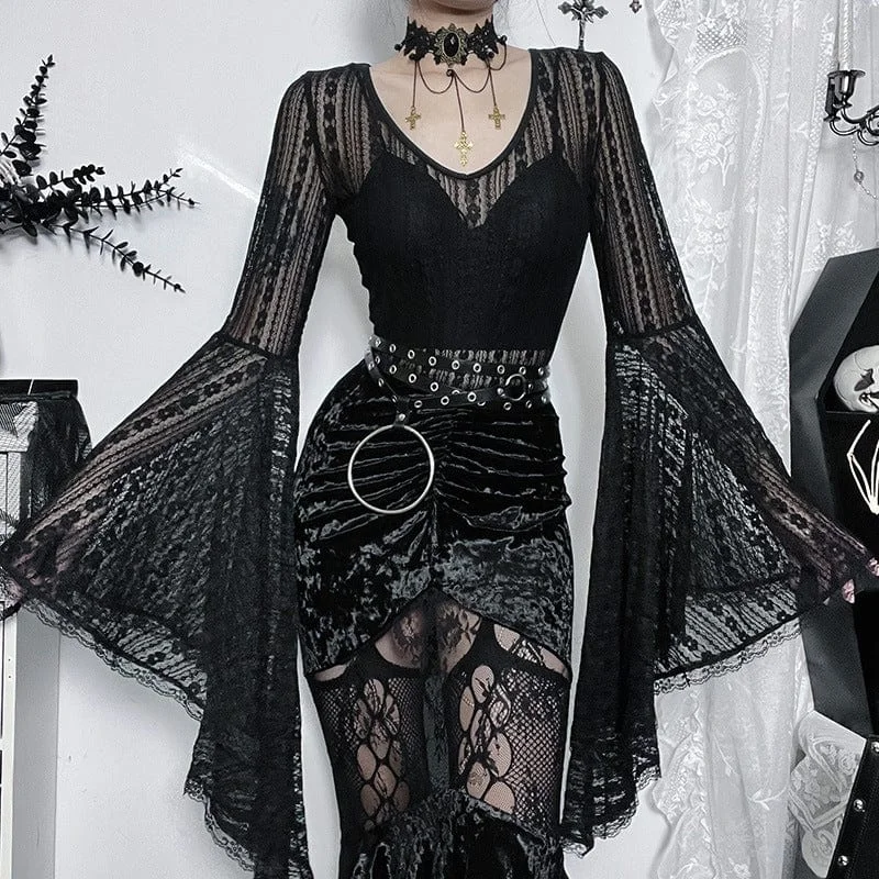 TightjacketWomen's Gothic Sheer Trumpet Sleeved Lace Bodysuit