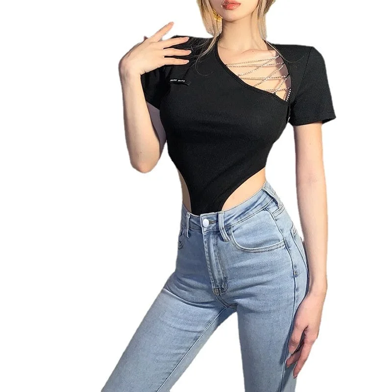 Women's Punk Metal Chain Cutout Sexy Bodysuit