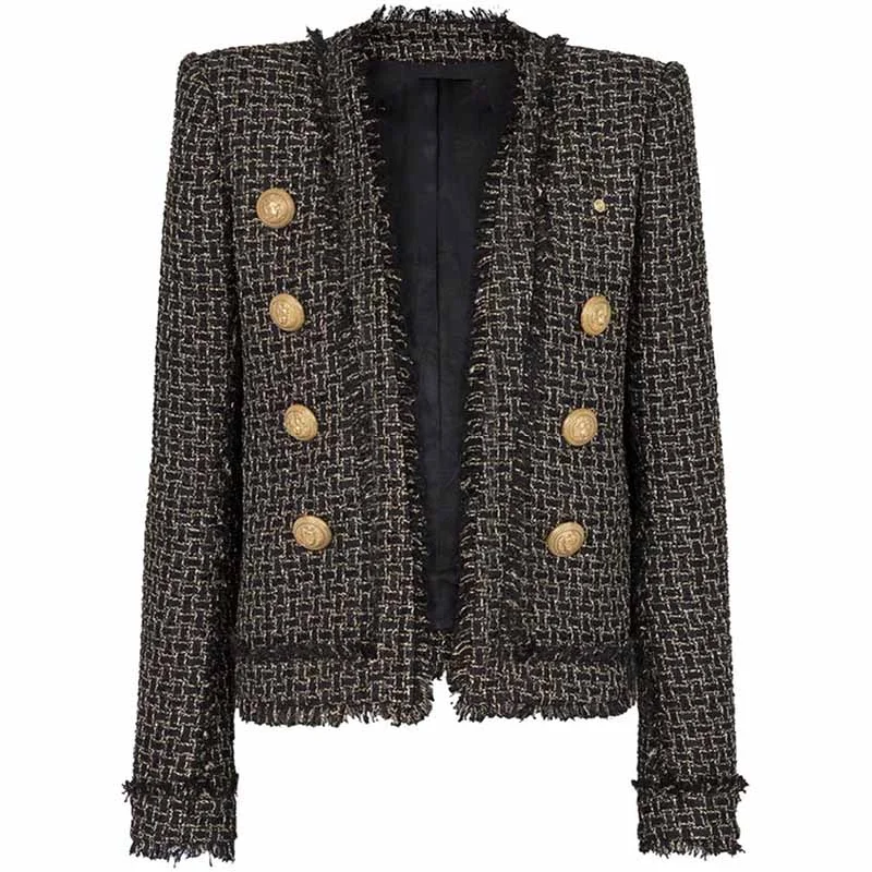 Women's tweed fringe cardigan jacket Gold Plaid jacket