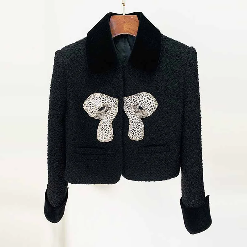 Women's winter coat woolen jacket With Bow knot studded bead short coat