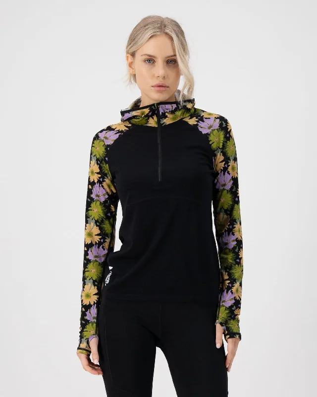 Bella Merino Long Sleeve Hood - Alpine Bloom / Black