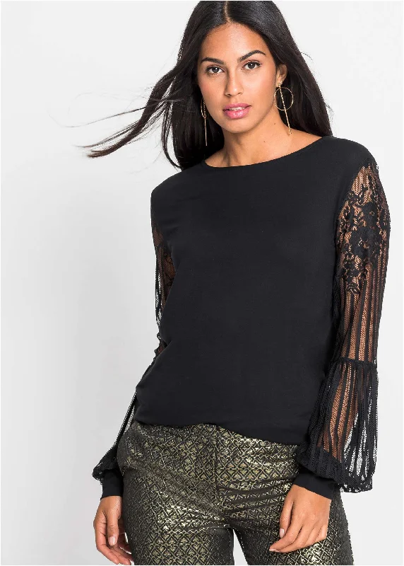 Lace Long Sleeve Top - Black