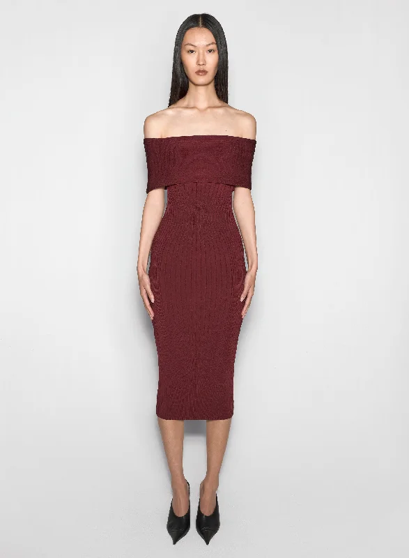 burgundy off-shoulder sculpting knit dress