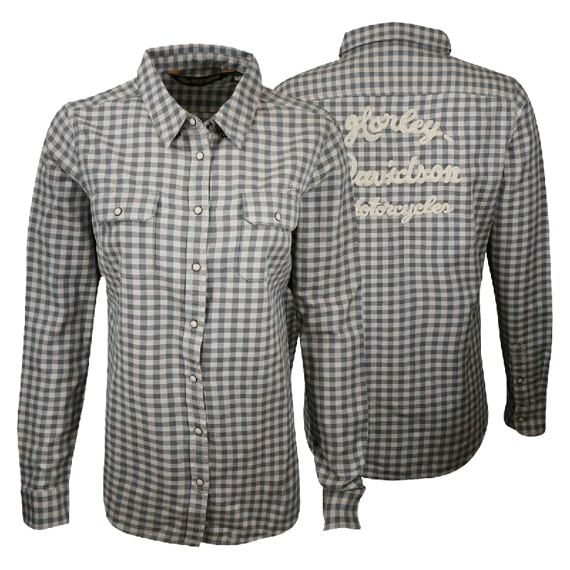 Branded  Women's Grey Blue Plaid L/S Woven Shirt