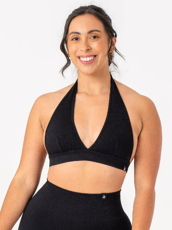 Rib Seamless Halter Sports Bra - Black