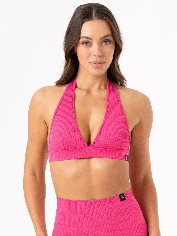 Rib Seamless Halter Sports Bra - Hot Pink